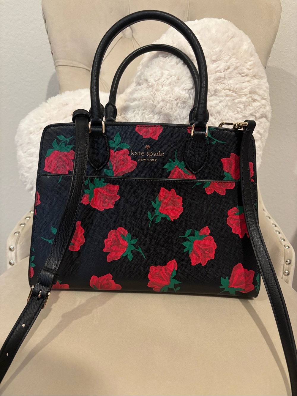 kate spade Black Satchel with Red Rose Print and Green Leaves